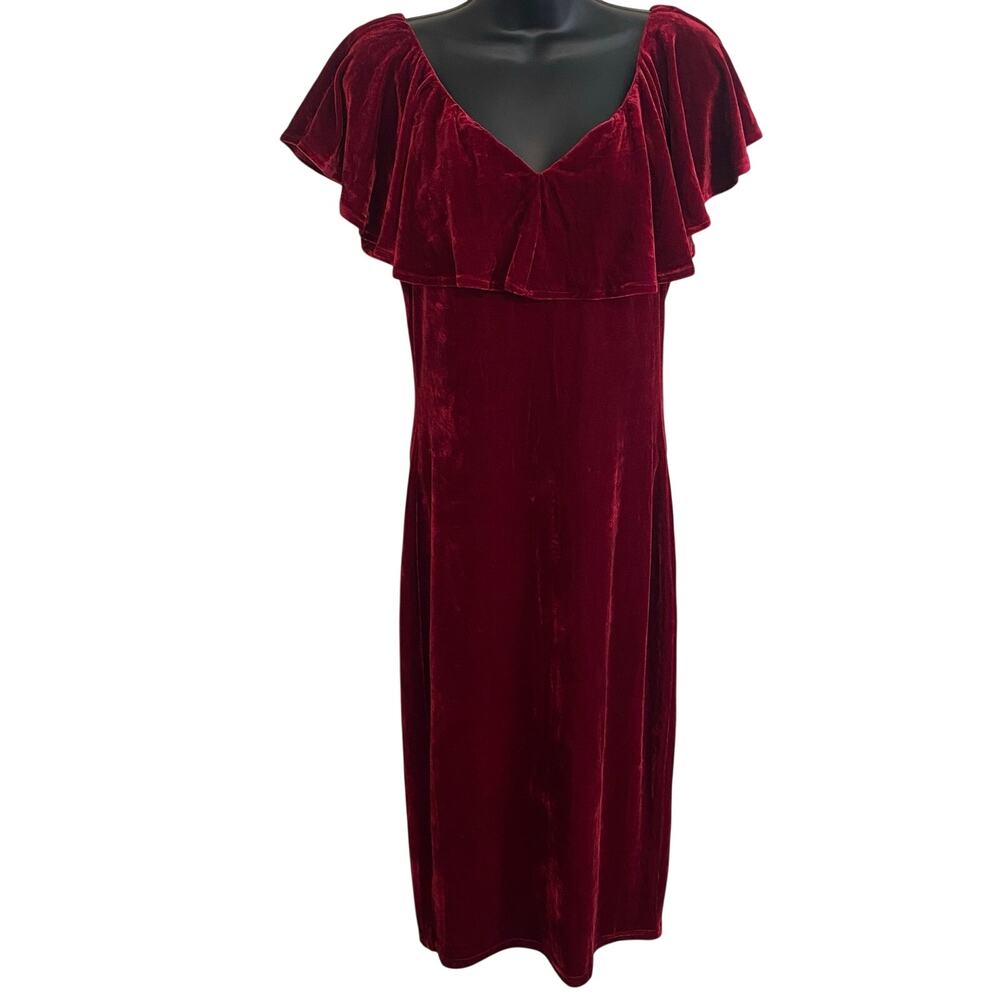 Unique Vintage Knit Ruffle Sophia Wiggle Dress Womens Sz Large Velvet Retro Midi - Picture 2 of 4